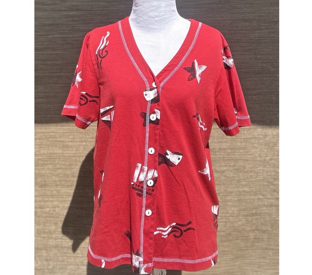 Sarah Bentley Nautical Coastal Shirt Womens Medium Fish Sailboat Beach Top Red